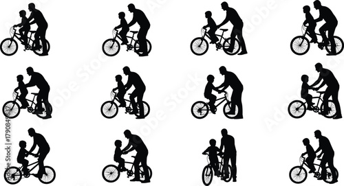 Flavector, adult helping child ride bicycle silhouette, learning cycling vector art, family support illustration, teaching bike skill drawing template design