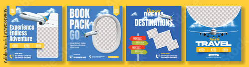 Travel Agency Marketing Post Bundle, Holiday Tour Flyer, and Poster Template Design for Travel Deals, Hotel Resort Booking, Tourism Promotion Vacation Advertisement, and Online Ticket Booking promo