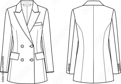 Double-breasted blazer technical sketch, fashion CAD flat, tailored jacket front and back, garment construction drawing, apparel design, cad drawing flat vector