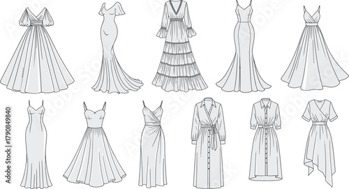 Dress, fashion, silhouette, sketch, design, garment, style, couture, casual, formal, neckline, sleeve, trendy, elegant, vector, flat, black, tailoring, illustration, collection