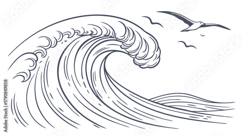 Vintage Engraved Ocean Wave and Flying Seagulls Illustration for Coastal Travel and Nature Projects