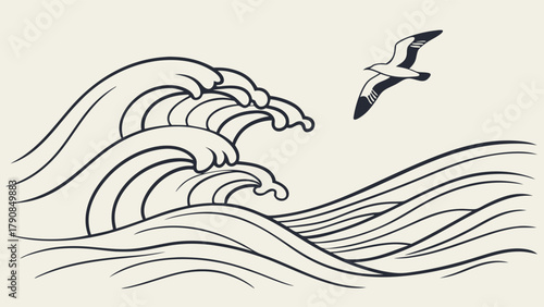Ocean Waves and Flying Seagull Line Art Illustration. Dynamic Sea Nature Design Element for Travel, Marine, Coastal, Summer and Environmental Projects