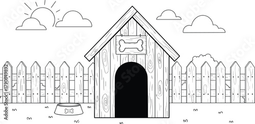 Doghouse line art, backyard scene, bone symbol, pet bowl, picket fence, sunny sky, black and white vector illustration