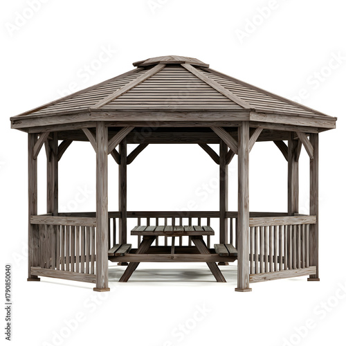 Rustic wooden octagonal gazebo with built in picnic table and slatted roof design