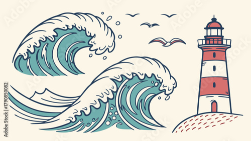 Vintage Hand Drawn Nautical Lighthouse Ocean Waves and Seagulls Illustration for Coastal Travel Design