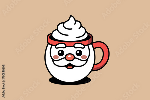A cute cartoon mug shaped like Santa Claus's face is filled with whipped cream, representing a festive holiday drink.