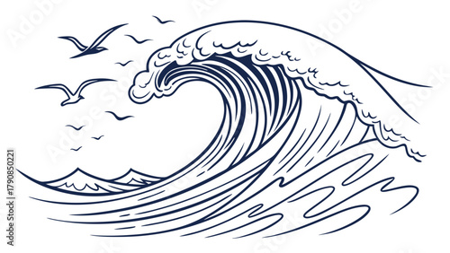 Dynamic Ocean Wave Breaking with Flying Seagulls Hand Drawn Line Art. Powerful Sea Illustration for Travel, Nature, Surfing, and Business Growth.