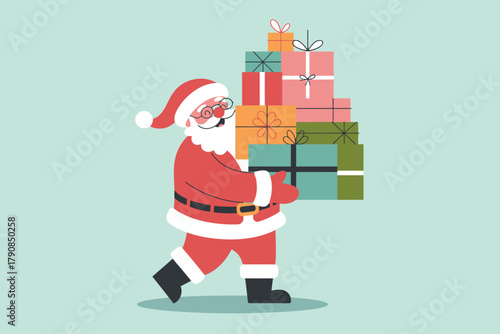 Santa Claus is carrying a stack of Christmas presents and wearing his iconic red suit and hat.