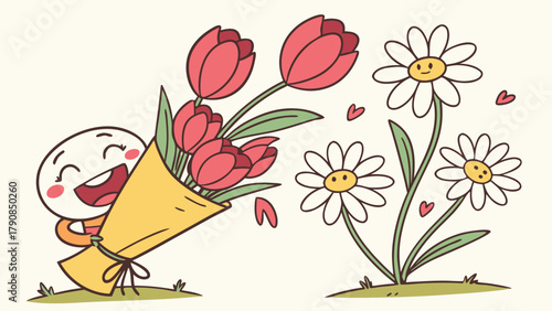 Cute Happy Character Gifting Tulip Bouquet to Smiling Daisies Spring Mothers Day Thank You Love Friendship Illustration