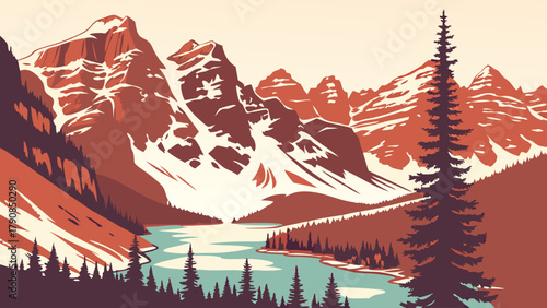 Majestic Mountain Lake Vector Landscape for Travel Tourism and Outdoor Recreation Design. Flat Art Nature Background for Web and App Interfaces. Winter Hiking Adventure.