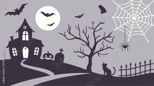 Spooky Halloween Night Silhouette Haunted House Bats Moon Spider Web Black Cat Pumpkin Gravestones Eerie Autumn Holiday Party Background