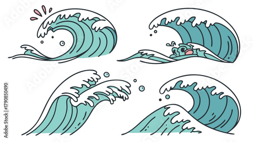 Playful Cartoon Ocean Waves Set. Hand Drawn Sea Water Splashing Elements for Summer Beach, Marine Travel, Surfing, and Aquatic Nature Design.