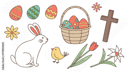 Cheerful Easter Spring Holiday Vector Elements Set for Family Kids Marketing Design Featuring Bunny Eggs Flowers Cross and Chick Illustration