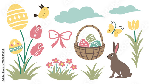Cute Pastel Easter Spring Illustration Set with Bunny Eggs Tulips and Basket for Holiday Cards Kids Crafts and Seasonal Marketing