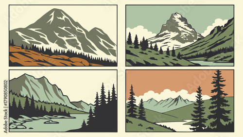 Explore Retro Mountain Landscapes Vector Art for Travel Outdoor Adventure Tourism Branding