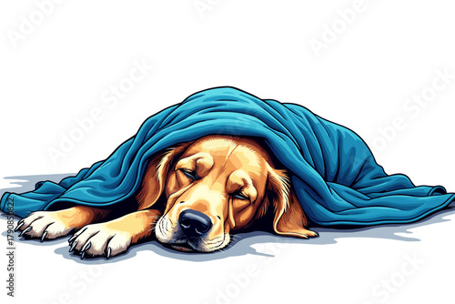 Golden retriever dog sleeping peacefully under a blue blanket