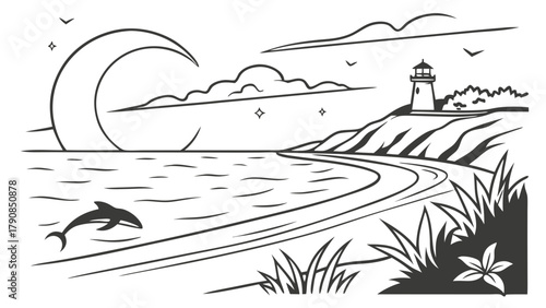 Enchanting Coastal Night Landscape with Lighthouse Guiding, Crescent Moon, Stars, and Dolphin Leaping in Ocean. Ideal for Travel and Serenity Designs