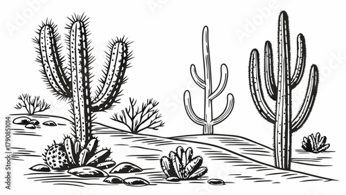Vintage Engraved Desert Landscape with Saguaro and Prickly Pear Cacti. Hand Drawn Nature Illustration for Travel, Education, and Western Themes.