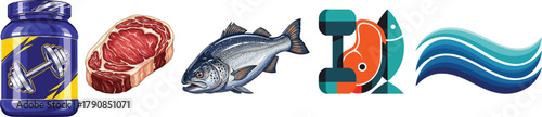Fitness and Protein Vector Clipart Bundle: Whey Supplement, Steak, Fish, Dumbbell, and Health Icon Illustrations