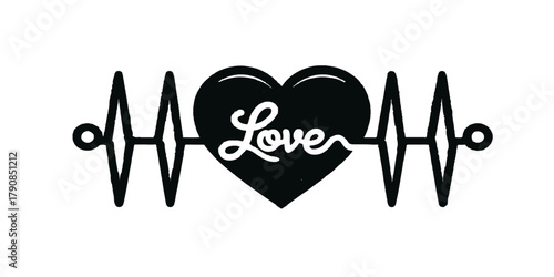 A medical illustration of a heart with a stethoscope, featuring a heartbeat line or cardiogram vector as a symbol of health, pulse, and care