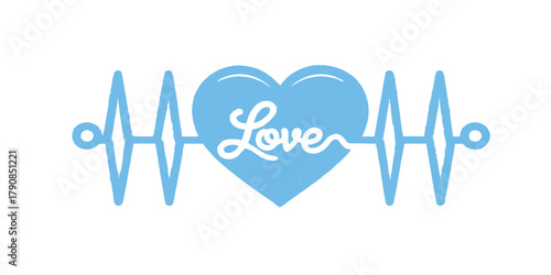 A medical vector illustration of a heart with a heartbeat symbol forming a pulse line to represent cardiology health, love, and life through a blue EKG cardiogram graph icon