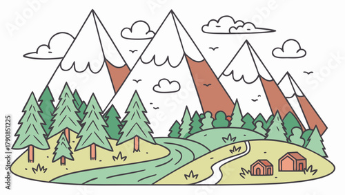 Peaceful Mountain Landscape Vector with Forest, Winding River, and Camping Cabins for Outdoor Travel, Nature Tourism, and Web Design