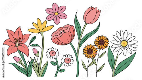Colorful Spring Summer Flowers Illustration. Happy Blooming Floral Collection for Web Design, Social Media, Invitations, and Nature Lifestyle.