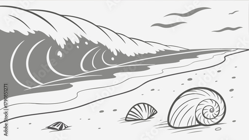 Relaxing Beach Scene Line Art with Ocean Waves and Seashells for Kids Coloring Book and Summer Vacation Design