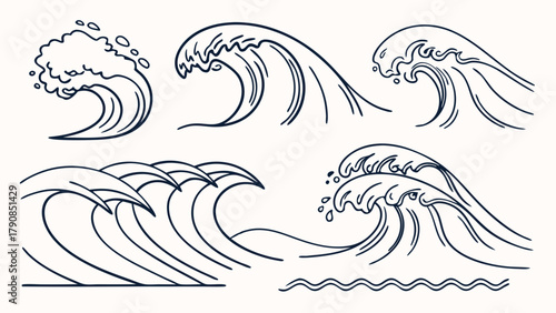 Dynamic Ocean Waves Vector Illustrations Set Crashing Sea Water Line Art Graphics for Web Design Branding Travel Marine and Nature Content Surf Elements