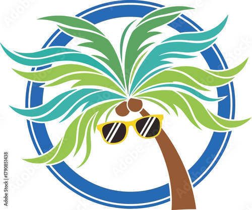 A cool palm tree with sunglasses in a blue circle, a fun and tropical design for summer vacations and beach getaways