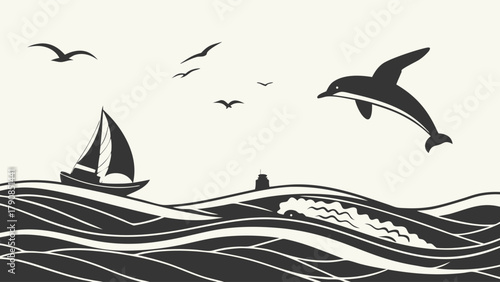Stylized Ocean Adventure with Sailboat, Leaping Dolphin, and Flying Seagulls. Summer Travel, Marine Life, and Nature Design.