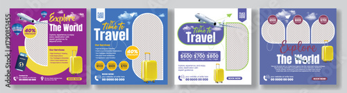 Modern Travel Agency Business Social Media Posts Bundle with Holiday Tour Flyer and Poster Template Design for Adventure Trip Promotion and Travel Sale Advertisement Marketing