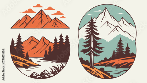 Retro Mountain Forest Lake Landscape Vector Badges for Outdoor Adventure Travel Brand Logos and Apparel