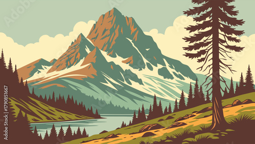 Majestic Mountain Landscape Vector Art. Serene Pine Forest, Lake, and Snow Peaks for Outdoor Adventure, Travel, Nature Tourism, and Environmental Promotion. Flat Design.
