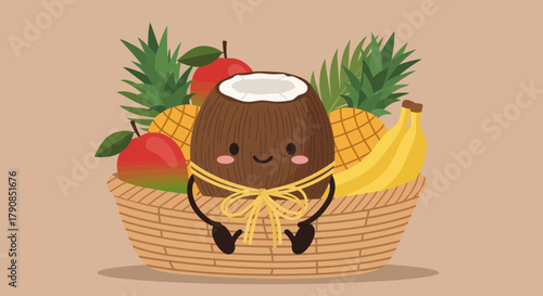 A Basket Delights: Adorable Cartoon Fruits and Coconut in Charming Illustration