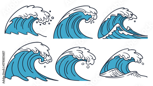 Dynamic Ocean Waves Vector Set. Hand Drawn Blue Sea Water Elements for Web Design Travel Surfing Marine and Environmental Graphics.