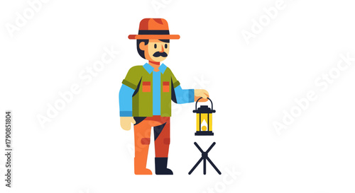 A Cartoon Adventurer Illuminating The Darkness With His Vintage Oil Lamp