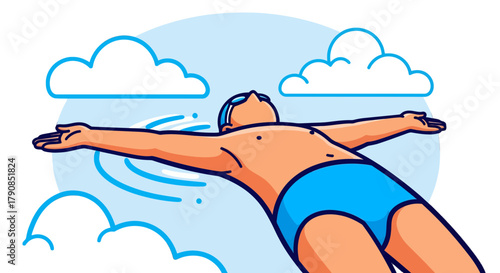 A Cartoon Depicting A Person Relaxing And Floating Under A Blue Sky And Clouds