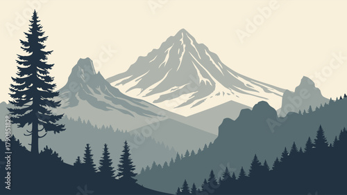 Inspiring Mountain Landscape Flat Design Vector. Serene Pine Forest Background for Web Design, Travel Marketing, Outdoor Branding, and Apps.