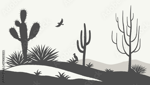 Serene Desert Landscape Silhouette with Saguaro Cactus Agave and Flying Bird for Travel Nature Web Design Background and Branding