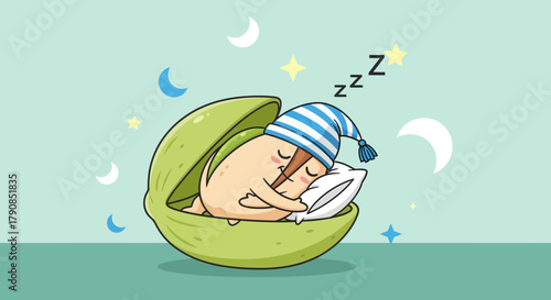 A Cartoon Creature Sleeping Soundly In Its Cozy Green Pod Under A Night Sky