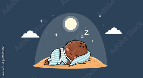 A Cartoon Coconut Character In Pajamas Sleeping Peacefully Under a Night Sky