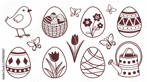 Festive Easter Spring Outline Icons Set with Decorated Eggs Chick Butterflies Tulip Watering Can Basket for Holiday Design and Kids Crafting