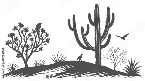 Majestic Desert Landscape Silhouette with Saguaro Cactus, Joshua Tree, and Wild Birds. Southwestern Nature Vector for Travel and Web Design.