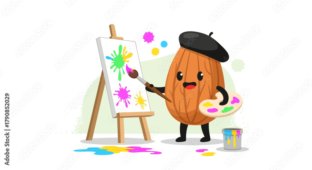 Naklejka premium A Cheerful Almond Personified, Creating Colorful Artistic Masterpiece on Canvas