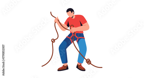 A Climber Preparing To Ascend With Safety Harness And Climbing Rope On Black Background