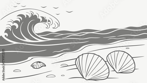 Black and White Ocean Wave and Seashells on Sandy Beach Illustration for Summer Vacation Travel Coastal Design and Nature Relaxation