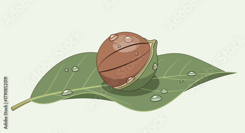 A Close Up Illustration Of a Chestnut Planted Over a Wet Green Leaf  Isolated