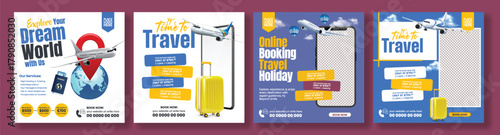Set of Modern Travel Agency Promo Social Media Post Pack, Holiday Tour Square Flyer, and Poster Template Design for Online Flight Booking and Travel Deals Advertisement