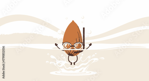A Cheerful Almond Person Snorkeling in Creamy Liquid and Splashing Outward